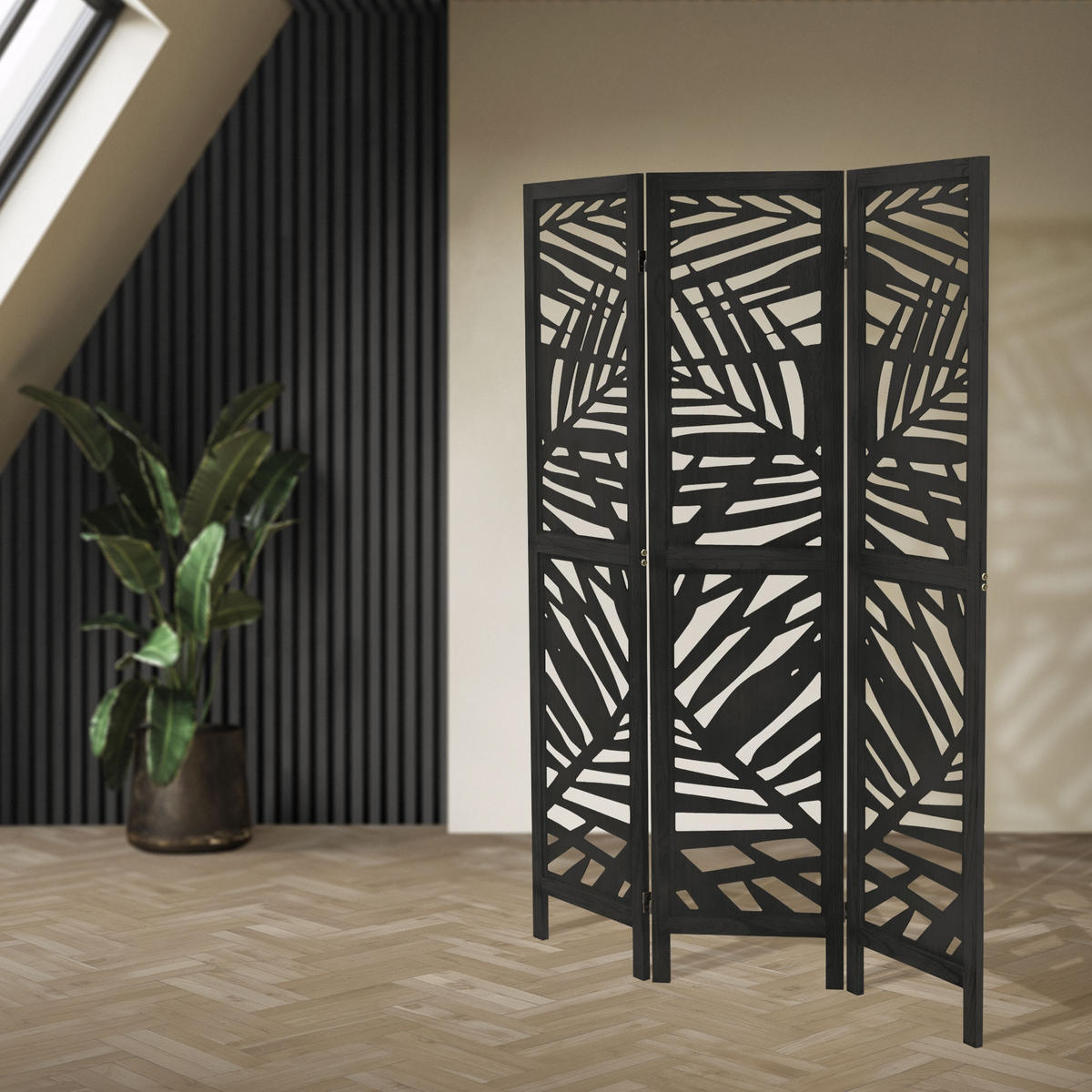 PARAVÁN, 3dílný, Kyoto, 170 × 121 cm, černý, ze dřeva - černá, dřevo (121/170/2cm) - ML-DESIGN