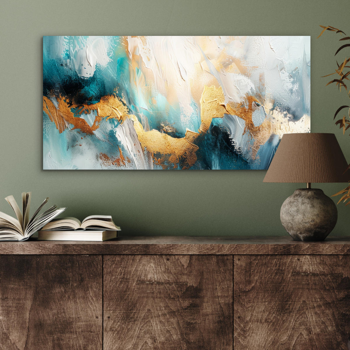 KOVOVÝ OBRAZ Abstraktné - umenie - zlaté - modré 80x40 cm - petrolejová, kov (80/40cm) - MuchoWow