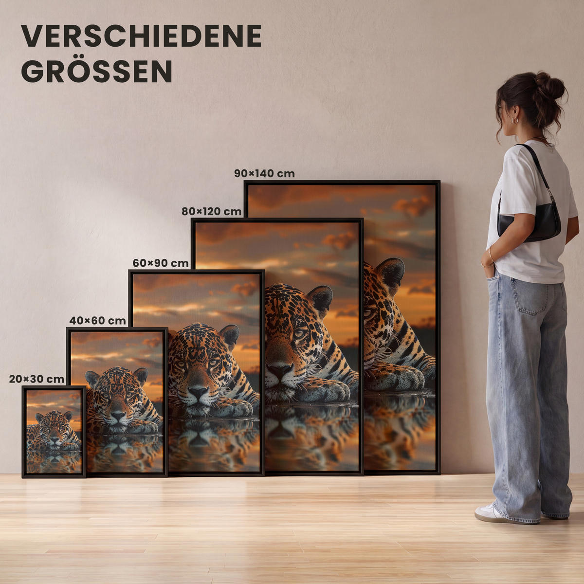 LEINWAND Bilder mit Rahmen - Natur - Leopard - Tier - Sonnenuntergang - Modern - 90x140 - Orange, Textil (90/140cm) - MuchoWow