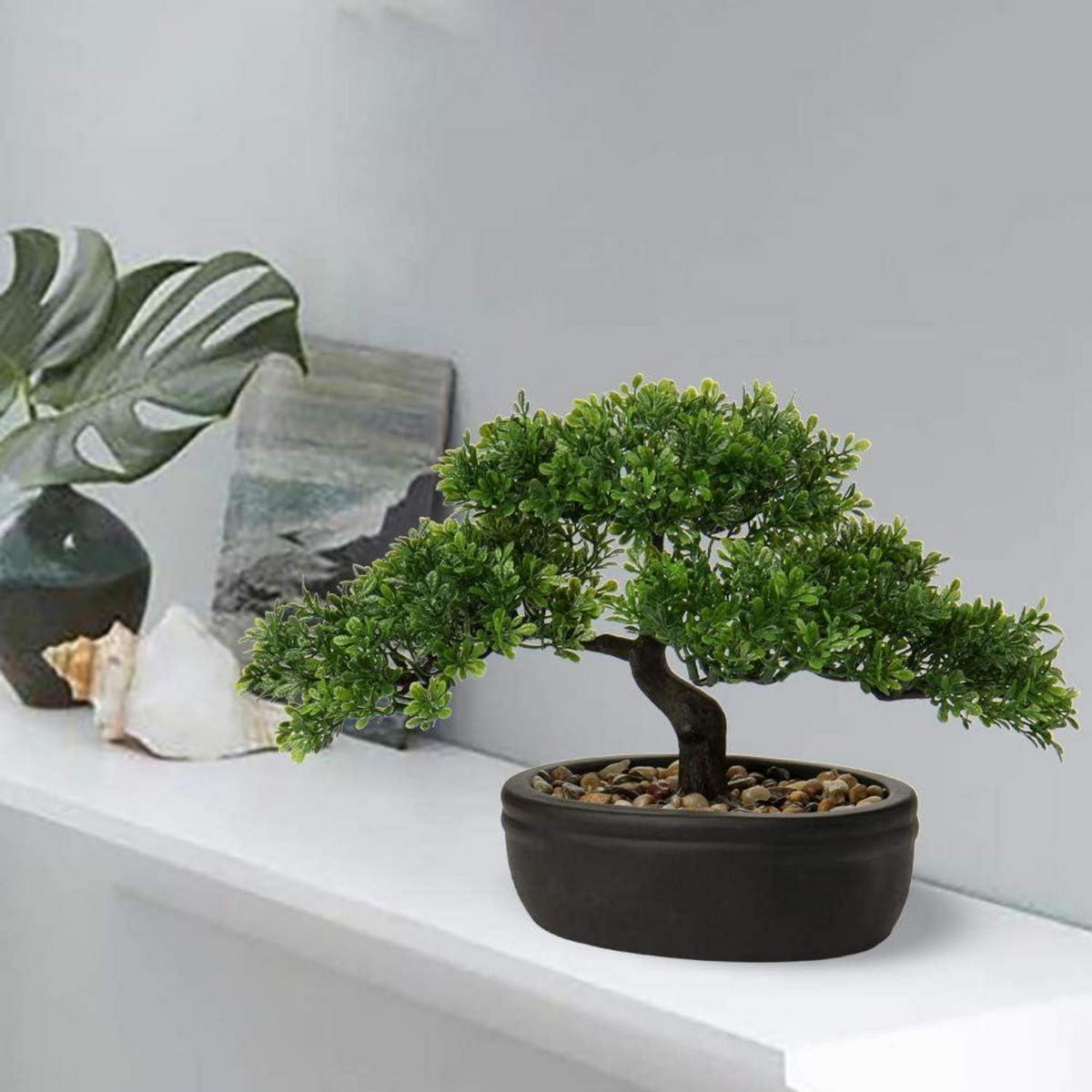 KUNSTBONSAI Podocarpus mit Keramik-Übertopf Schwarz 23 cm - Grün, Kunststoff (30cm)