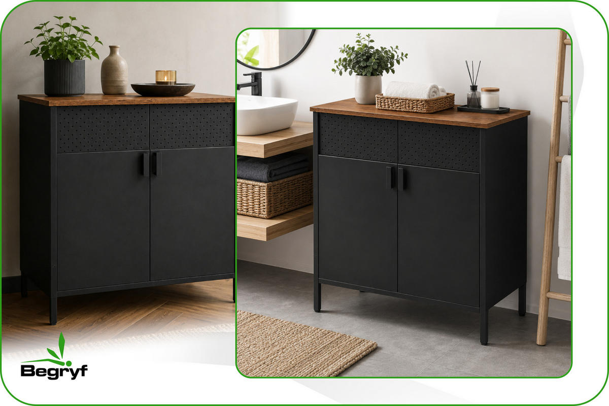 KOMMODE – Metall – Holzoptik – 2 Türen – höhenverstellbarer Einlegeboden – 80x40x84 cm - Dunkelbraun/Schwarz, Holzwerkstoff/Metall (80/84/40cm) - Begryf