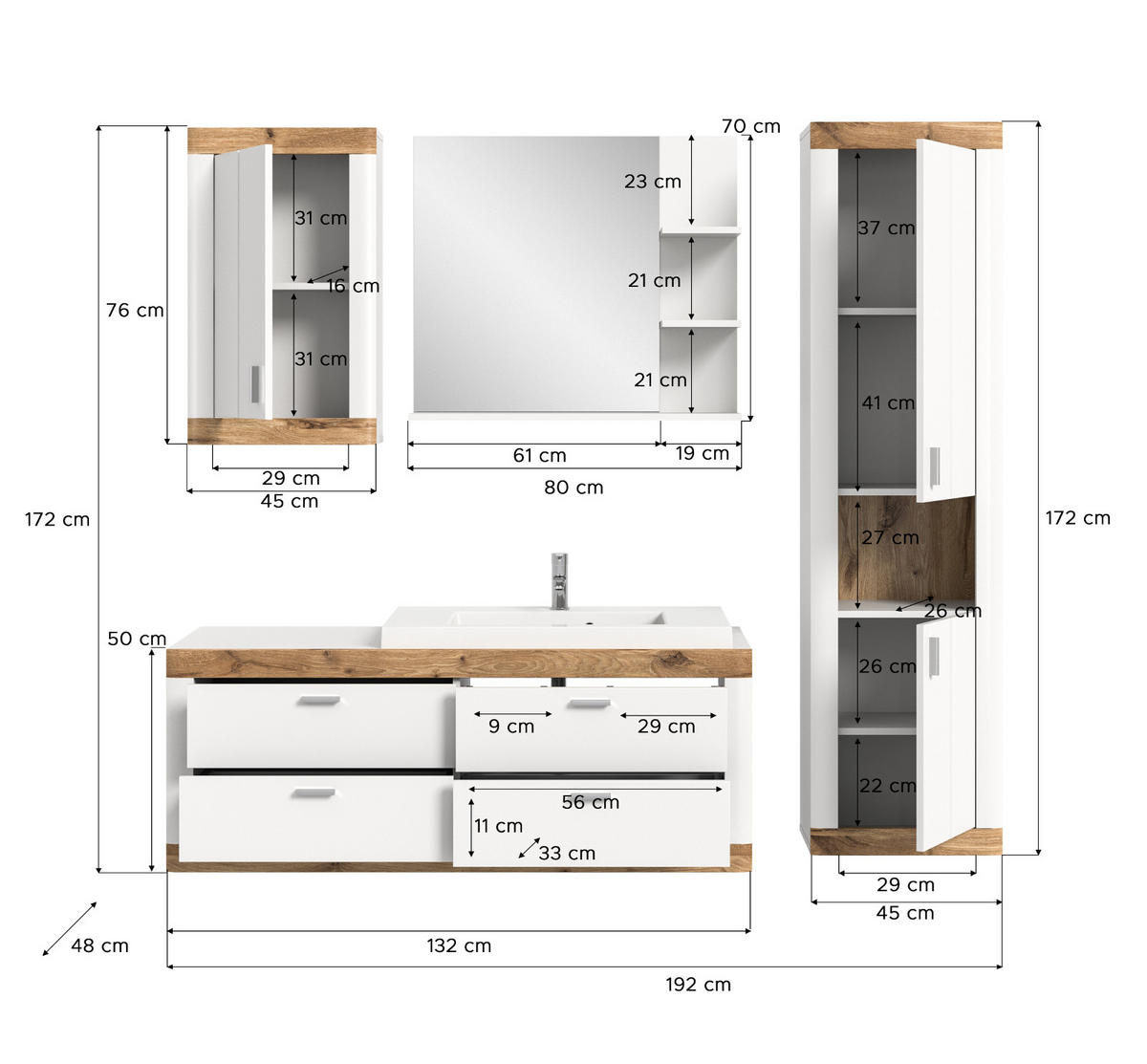 BADMÖBEL-SET 5-teilig weiß, Eiche 193 cm, Kombination mit Soft-Close - Eichefarben/Weiß, Holzwerkstoff (192/172/48cm) - Inn.Furn