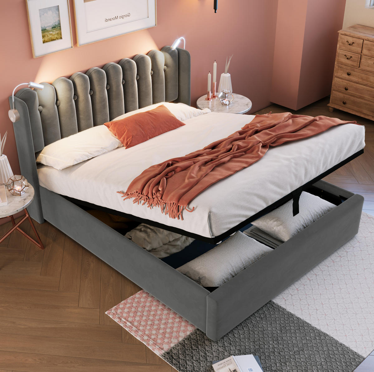 POLSTERBETT mit Stauraum, USB und Leselicht 160x200 cm Samt Grau inkl. Matratze - Grau, Metall (160/200cm) - Meubliv