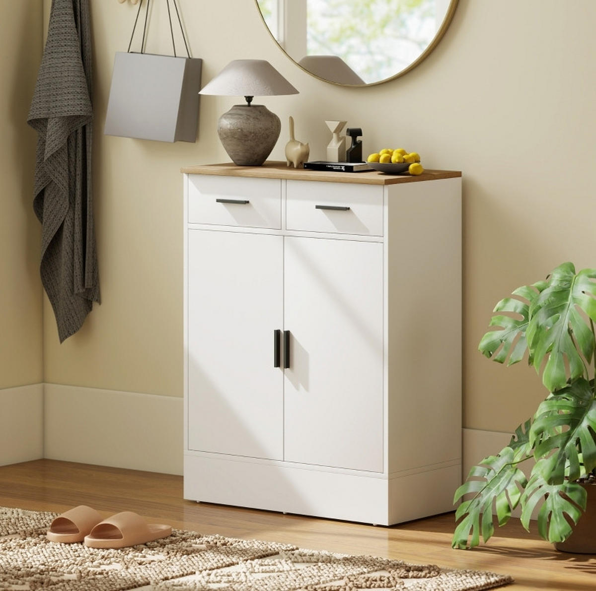 SIDEBOARD 68,6/35/90,3 cm Weiß/Natur aus Holz mit 2 Schubladen - Weiß, Holz (68.6/90.3/35cm) - OKWISH
