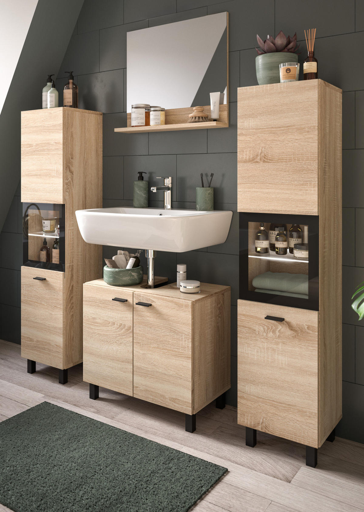 BADMÖBEL-SET Eiche 4-teilig 140 cm, Komplettset hängend oder stehend - Eichefarben/Schwarz, Glas/Holzwerkstoff (137/186/33cm) - Inn.Furn