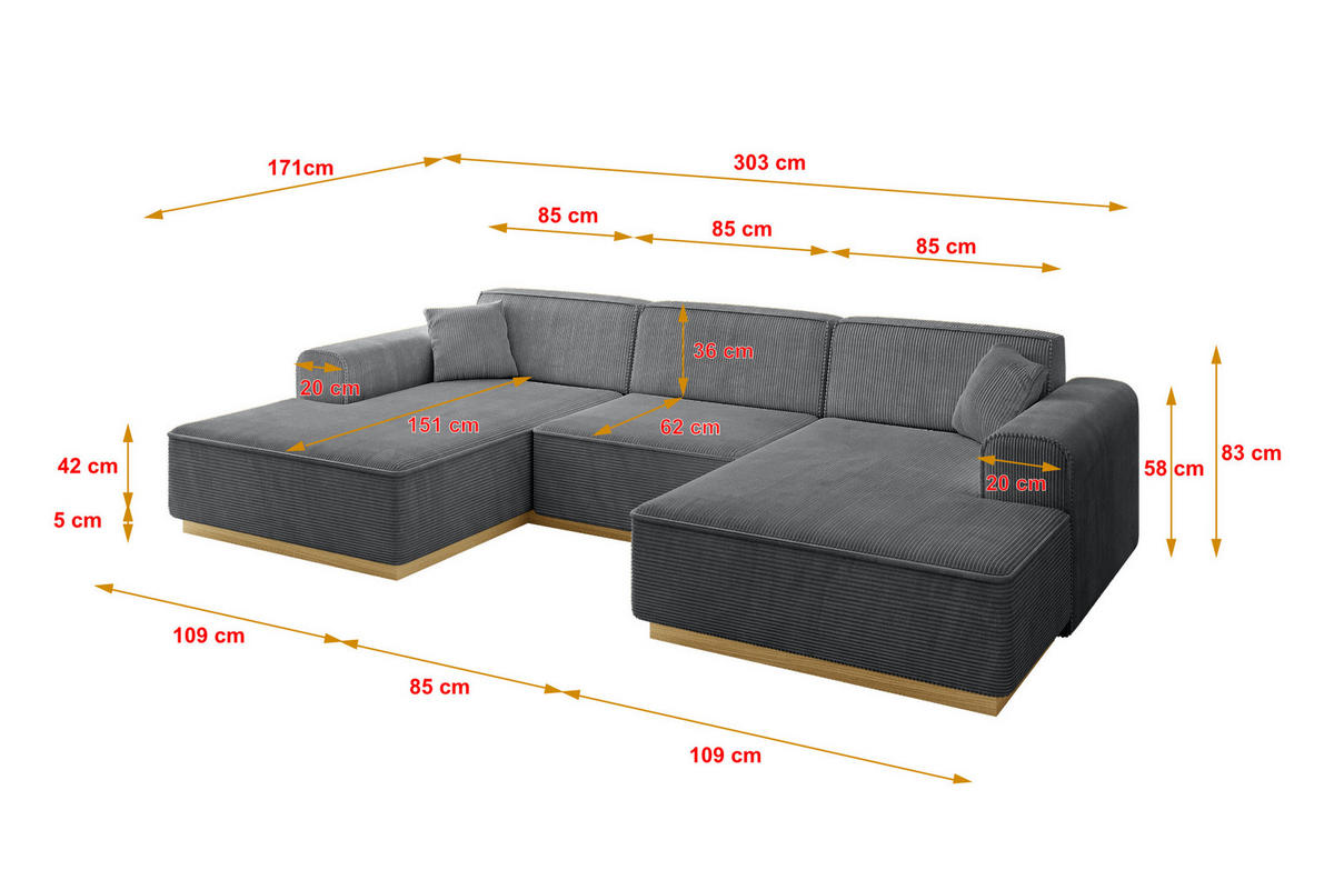 WOHNLANDSCHAFT IREA-U1-v2 - 303x171x83 cm Duneklgrau - Dunkelgrau, Holzwerkstoff/Textil (303/83/171cm) - ALTDECOR