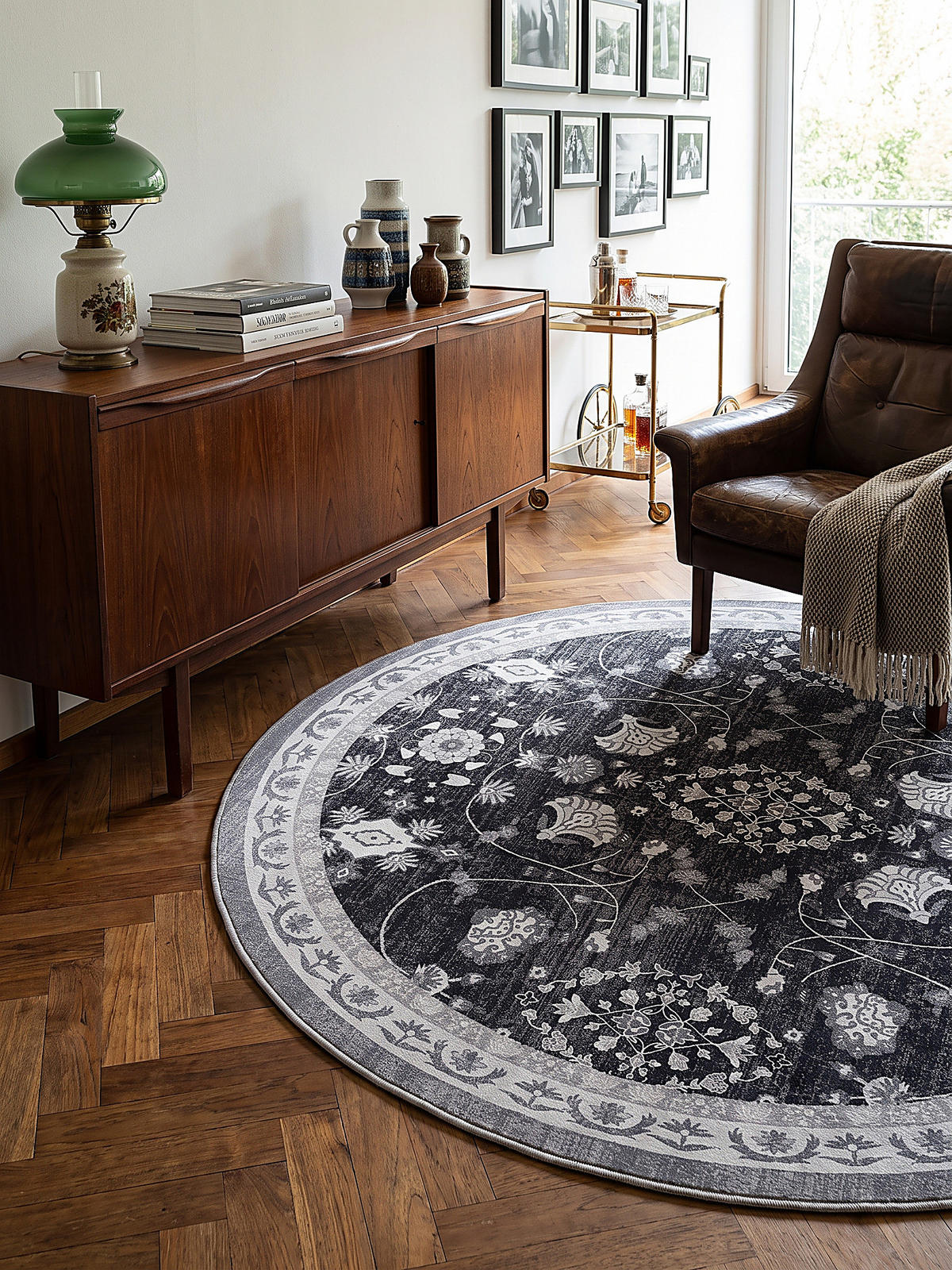 TEPPICH Kurzflor, waschbar, mit floralen Ornamenten, VERNANTE in Schwarz-Creme-Grau, Ø 200 cm - Schwarz, Textil (200/200cm) - KADIMA DESIGN