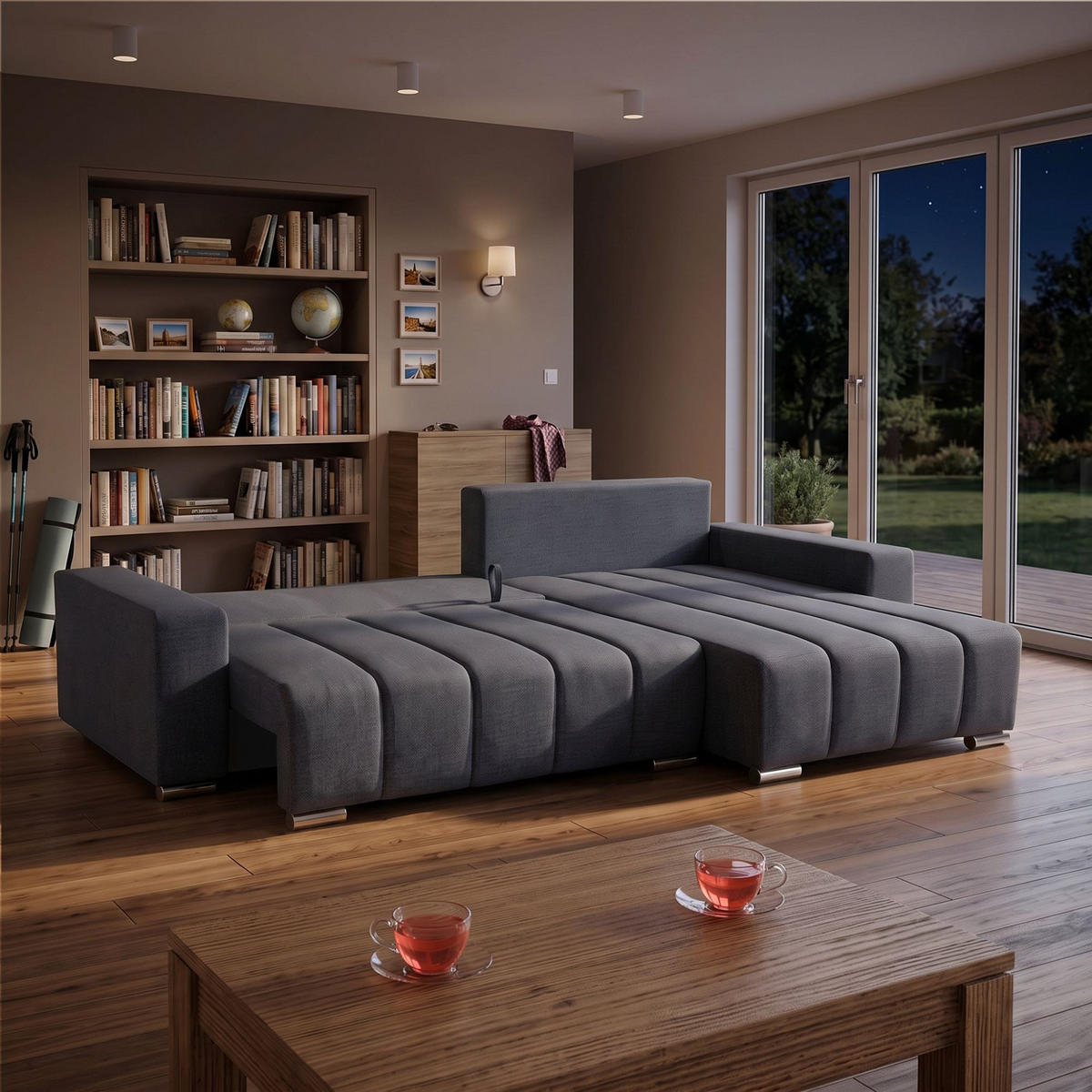 ECKSOFA Piano L Rechts mit Schlaffunktion 137x234 Velours Dunkelgrau - Dunkelgrau/Silberfarben, Holz/Textil (178/278cm) - Muffo