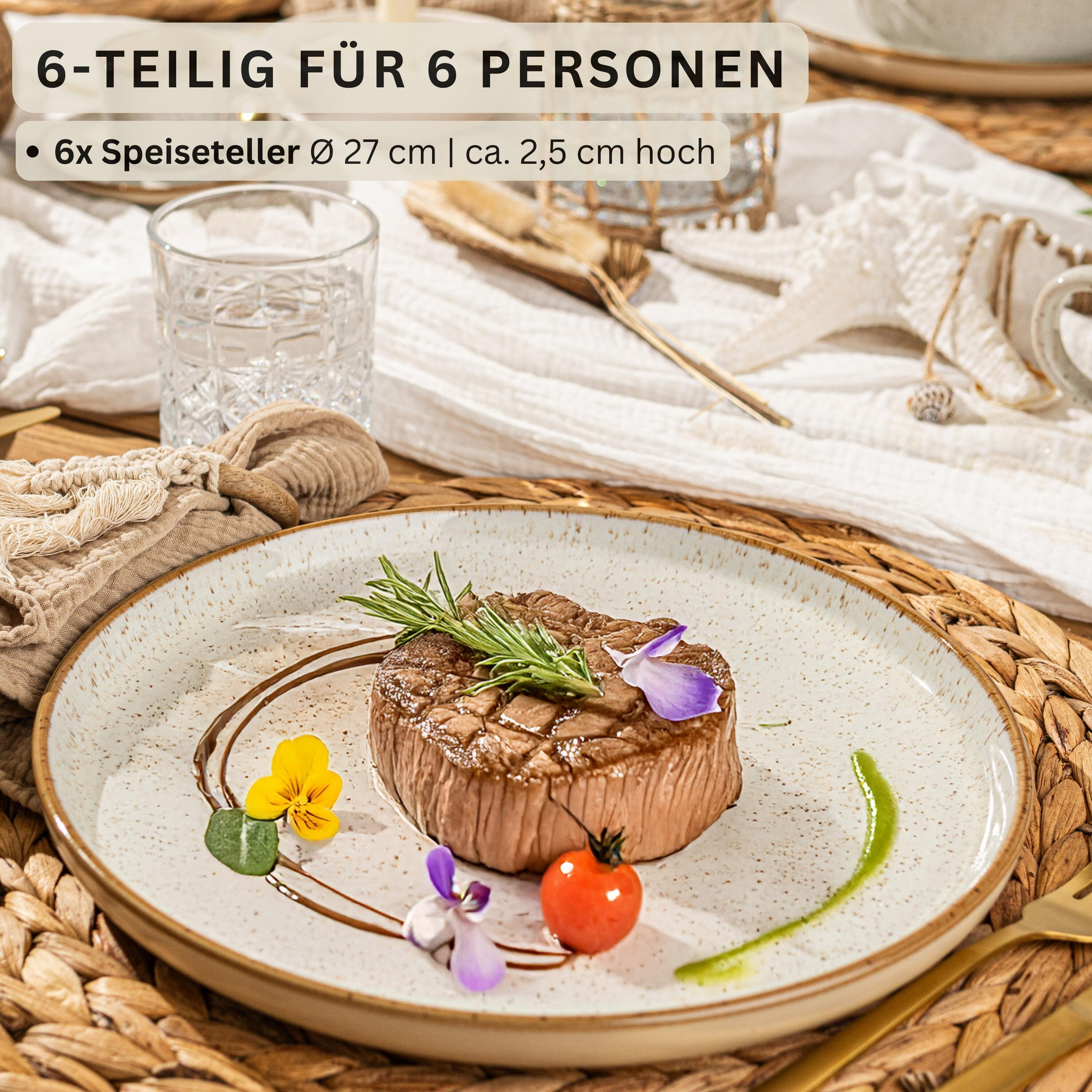 SPEISETELLER SET RIO CREME - 6 teilig aus Steingut - Creme, Stein (40cm) - Sänger