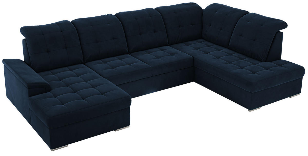 WOHNLANDSCHAFT MADRITO U - Dunkelblau Velorus - Rechts - Silberfarben/Dunkelblau, Textil/Metall (323/89/204cm) - MKS