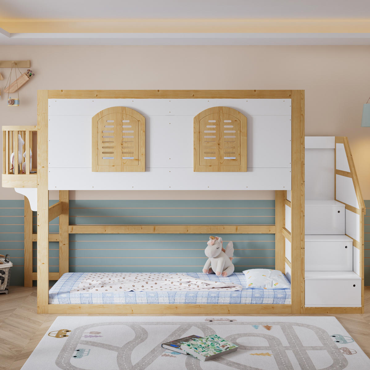 HOCHBETT 90/200 cm aus Kiefer und MDF mit Treppenschrank und Spielfläche Weiß/Natur - Naturfarben, Holz (90/200cm) - Modenvie