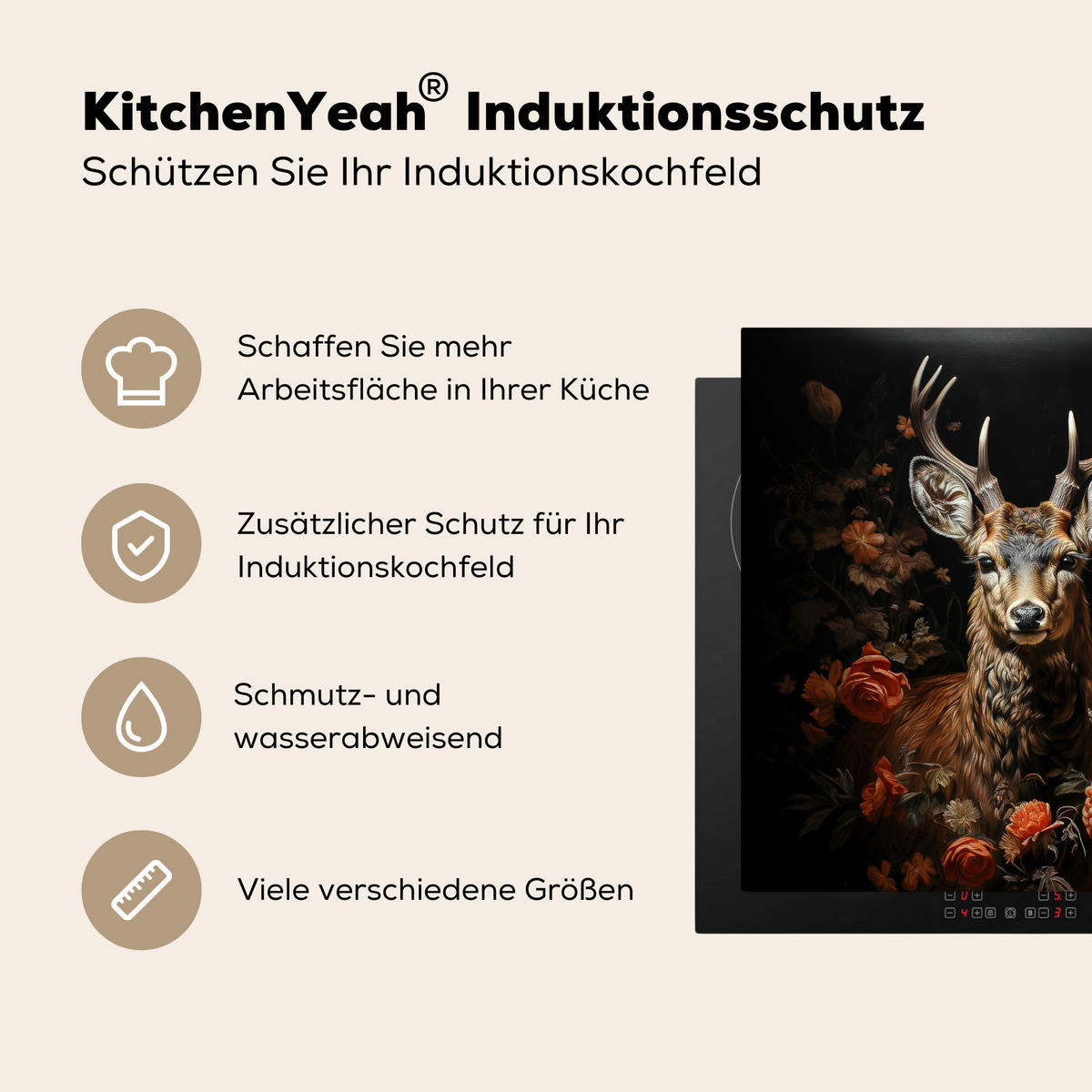 HERDABDECKPLATTE Hirsch - Tier - Blumen - Natur - Botanisch 78x78 cm - Kupferfarben, Kunststoff (78/0.2/78cm) - MuchoWow