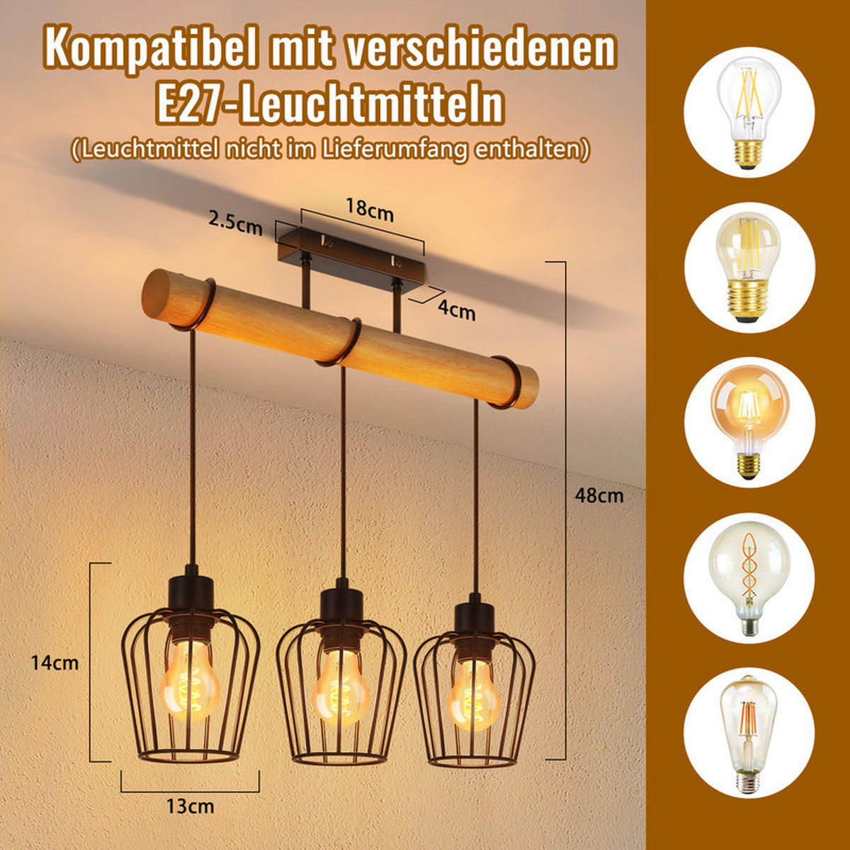 LED-DECKENLEUCHTE BURKE Ⅲ 52/13/43 cm - Braun, Metall (52/13/43cm) - Nettlife