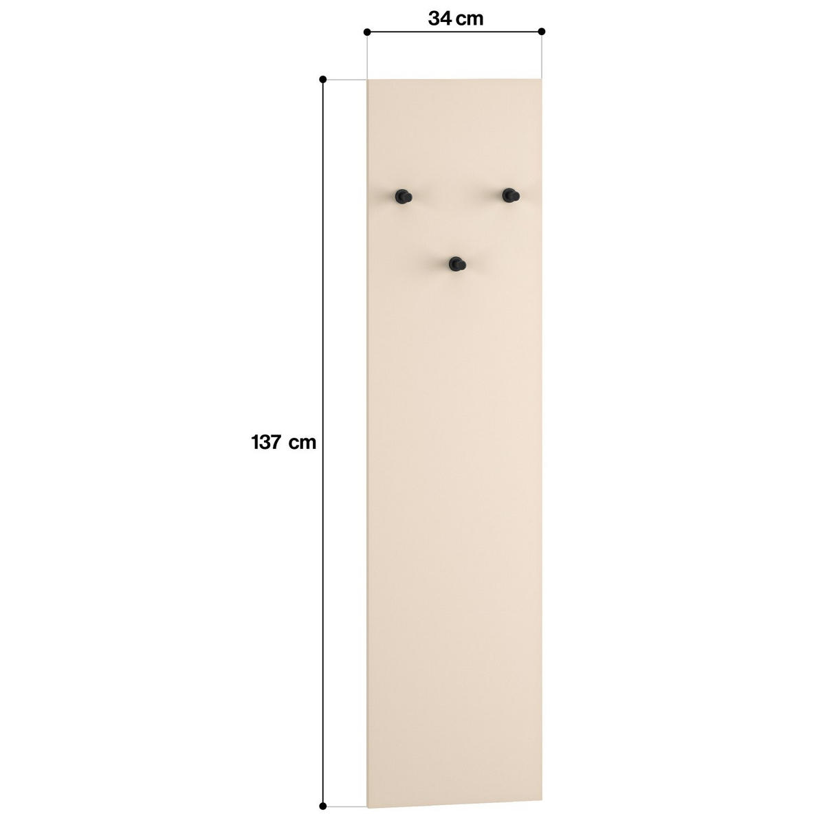 WANDGARDEROBE Caletto Beige mit 3 Haken 34 cm - Beige/Schwarz, Holzwerkstoff (34/137/2cm) - Selsey