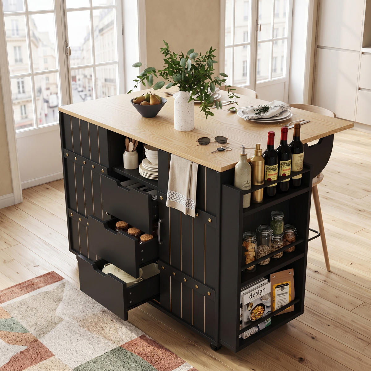 KÜCHENINSEL Schwarz auf Rollen mit Klappbarer Arbeitsplatte & Schiebetüren - Schwarz, Holzwerkstoff (110/90/42cm) - Urban Meuble