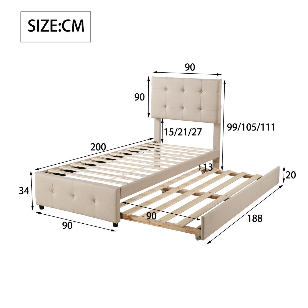 POLSTERBETT 90/200 cm mit Ausziehbett, verstellbarem Kopfteil und Leinenpolsterung, Beige - Beige, Textil (90/200cm) - Redom