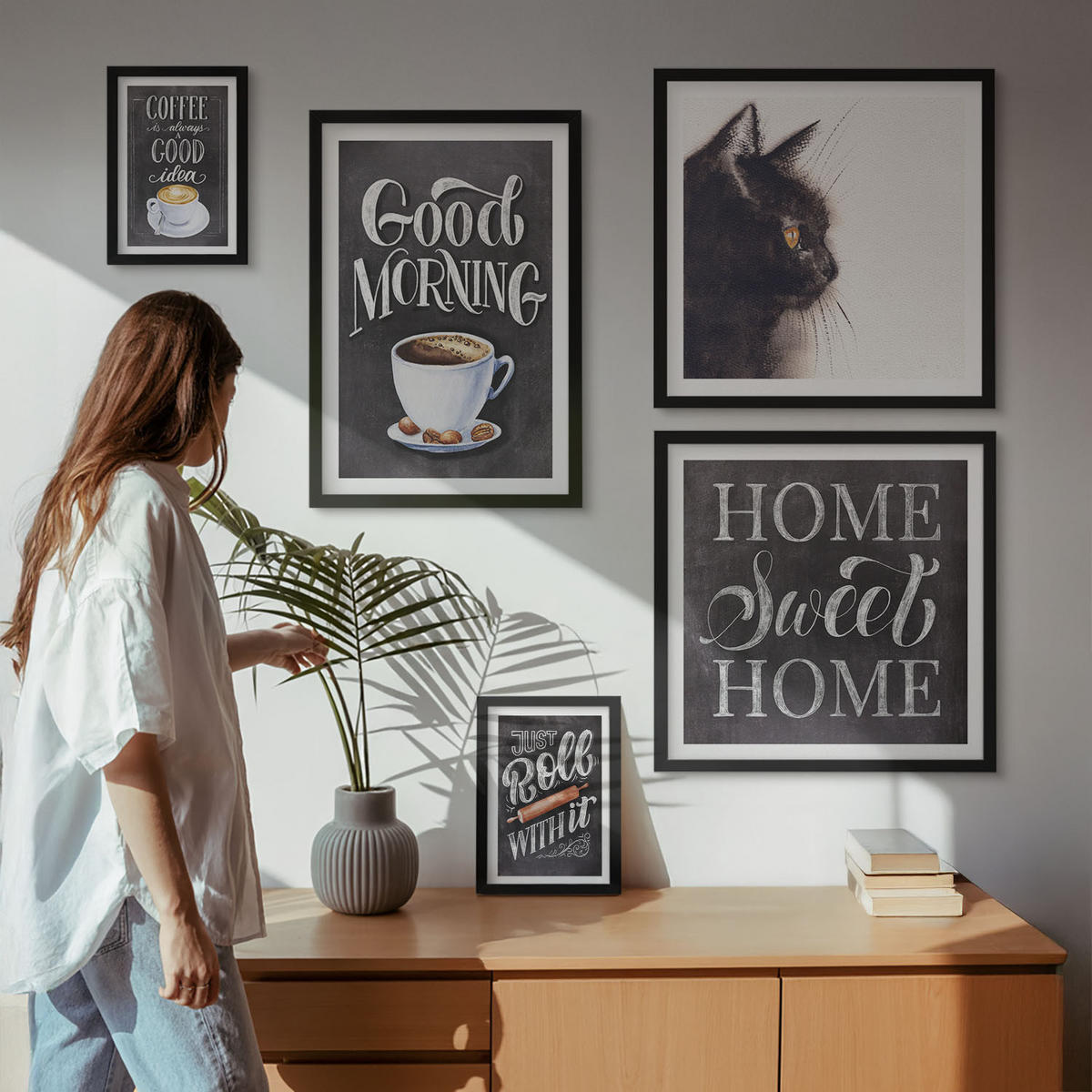 WANDBILDER 5er-Set - 50x50 cm & 20x30 cm & 40x60 cm Schwarzer Rahmen - Hausküchenthemen Katze - Schwarz, Kunststoff (40/60cm) - ArtPrintCave