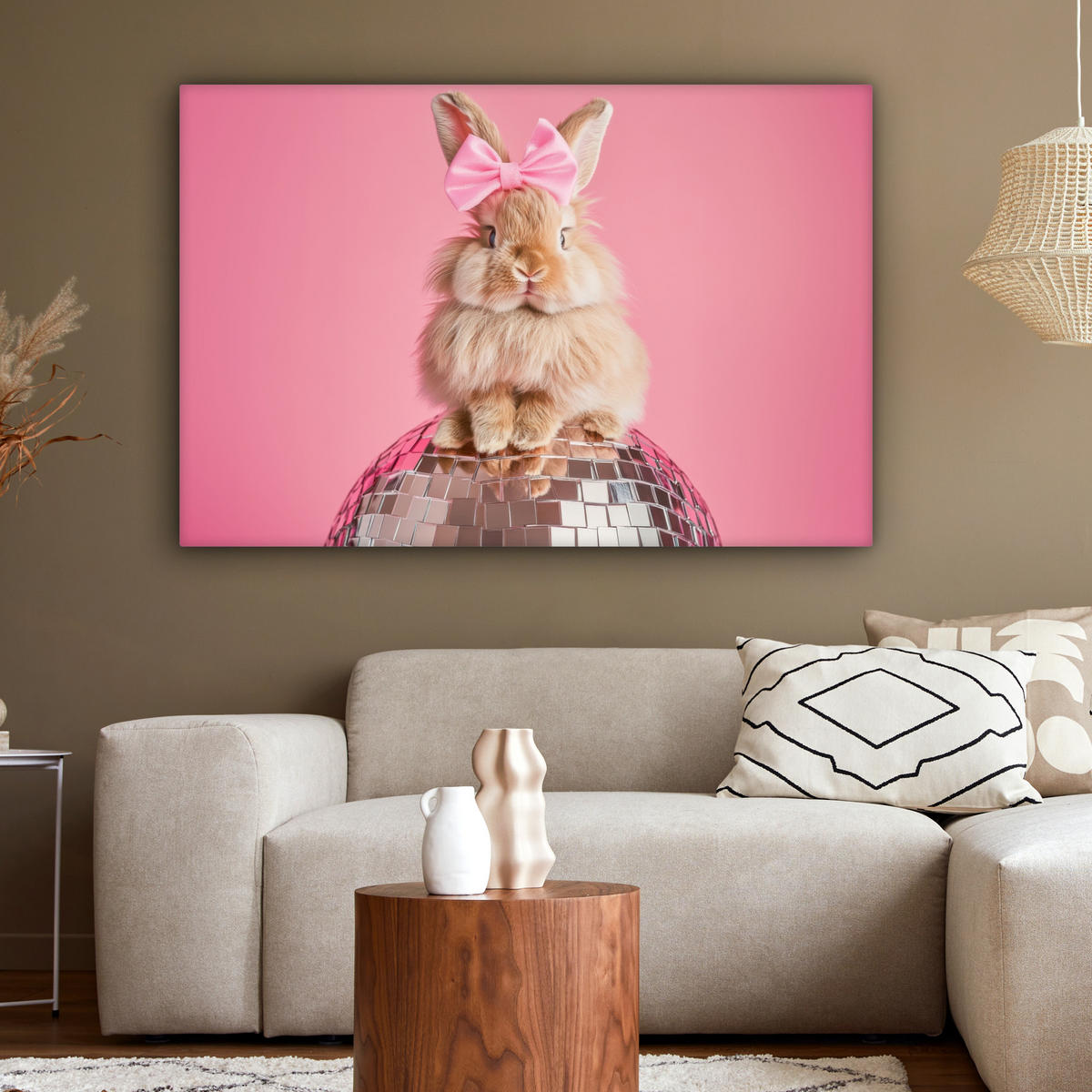LEINWANDBILD Schleife - Discoball - Kaninchen XXL 150x100 cm - Pink, Textil (150/100cm) - MuchoWow