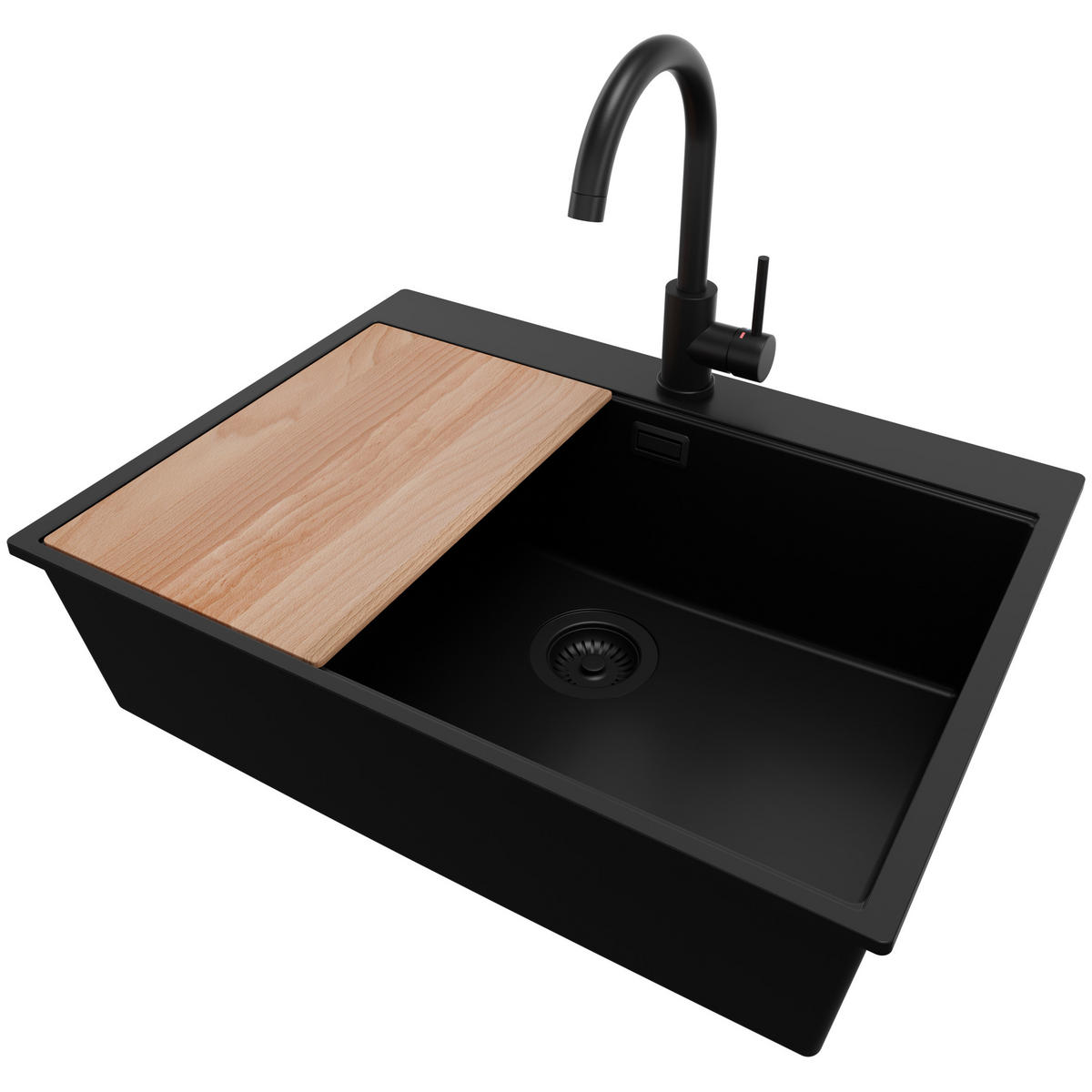 GRANITSPÜLE Oslo, 2-er set Alles Schwarz 68/50 cm 1 Becken + Küchenarmatur 32/20 cm + Ablauf-Set + Schneidebrett ab 70er Unterschrank - Beige/Schwarz, Kunststoff (68/20/50cm) - Primagran