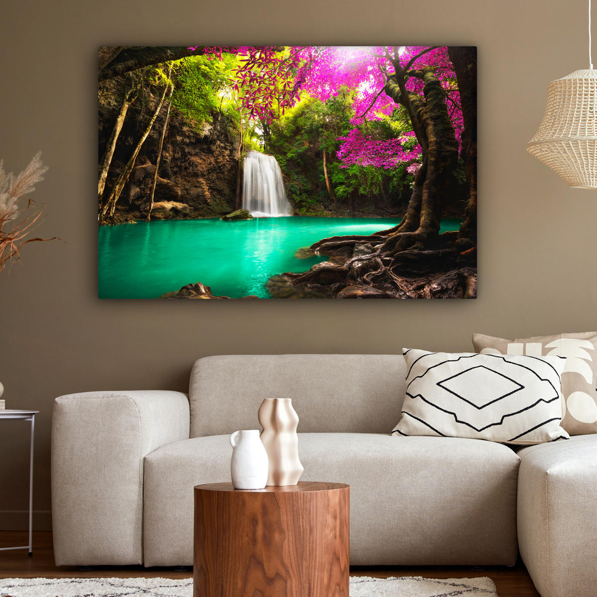LEINWANDBILD Wasserfall mit bunten Blumen und Bäumen - Natur - Dschungel XXL 150x100 cm - Waldgrün, Textil (150/100cm) - MuchoWow