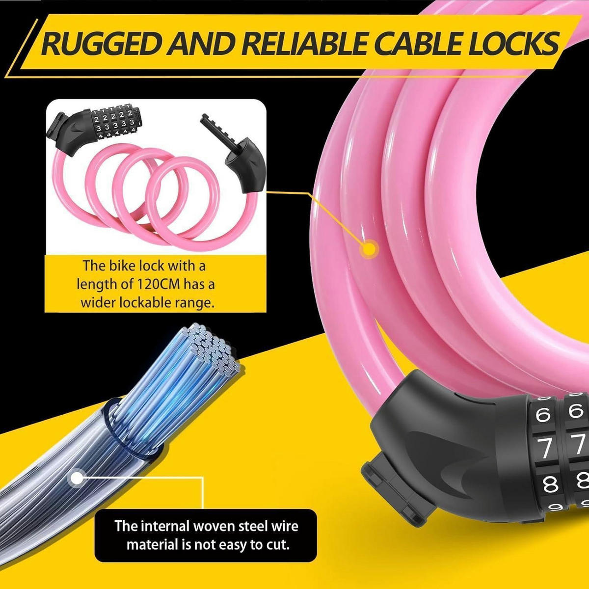 FAHRRADSCHLOSS mit Zahlencode 12 mm/120 cm Pink - Pink, Metall (12/3.8/120cm)