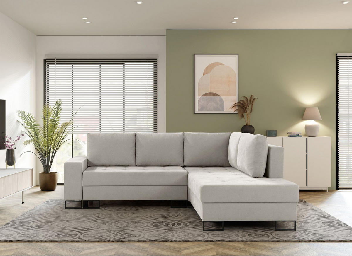 ECKSOFA Larelle Hellbeige Chenille 245 cm - Ecru/Schwarz, Textil/Metall (200/245cm) - Selsey