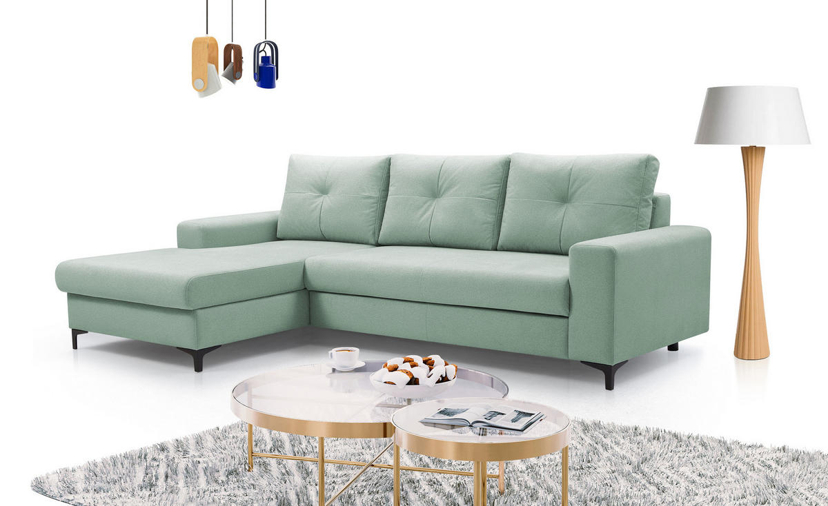 ECKSOFA AVRA L-förmig, mit Stauraumbehälter-in RINO-Stoff, Komfort & Eleganz, lose Rückenkissen, freistehend, LINKS 165x251x85 cm Turquoise - Türkis, Holz/Textil (165/251cm) - DomoHome