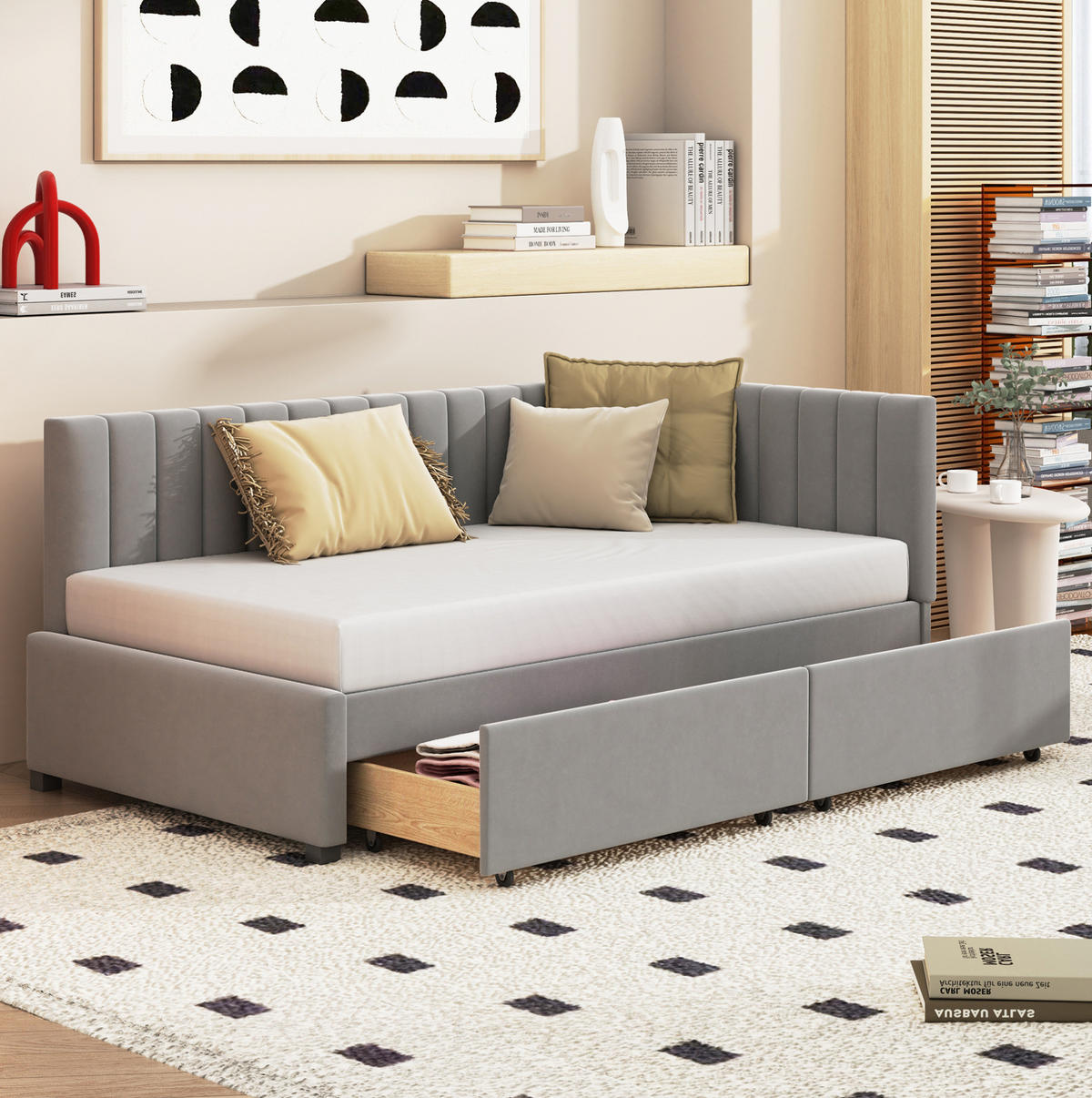 POLSTERBETT Einzelbett 90/200 cm aus Stoff mit 2 Stauraumschubladen und Lattenrost Grau - Grau, Leder (90/200cm) - Modenvie