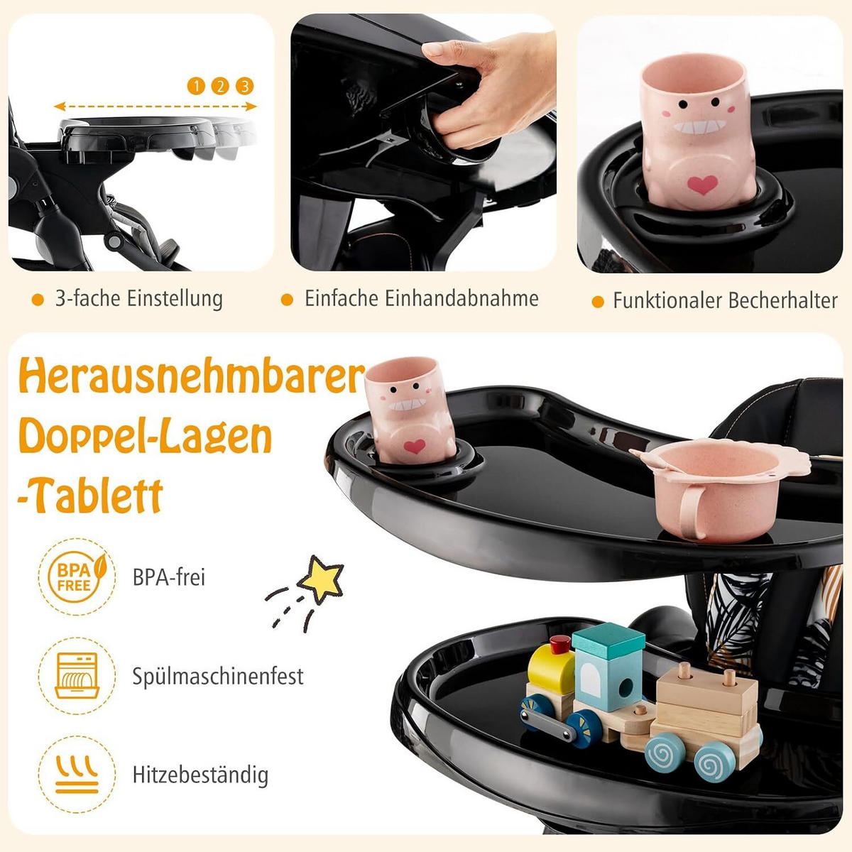 KINDERHOCHSTUHL Höhenverstellbar schwarz - Schwarz, Kunststoff (102/92/55cm) - COSTWAY