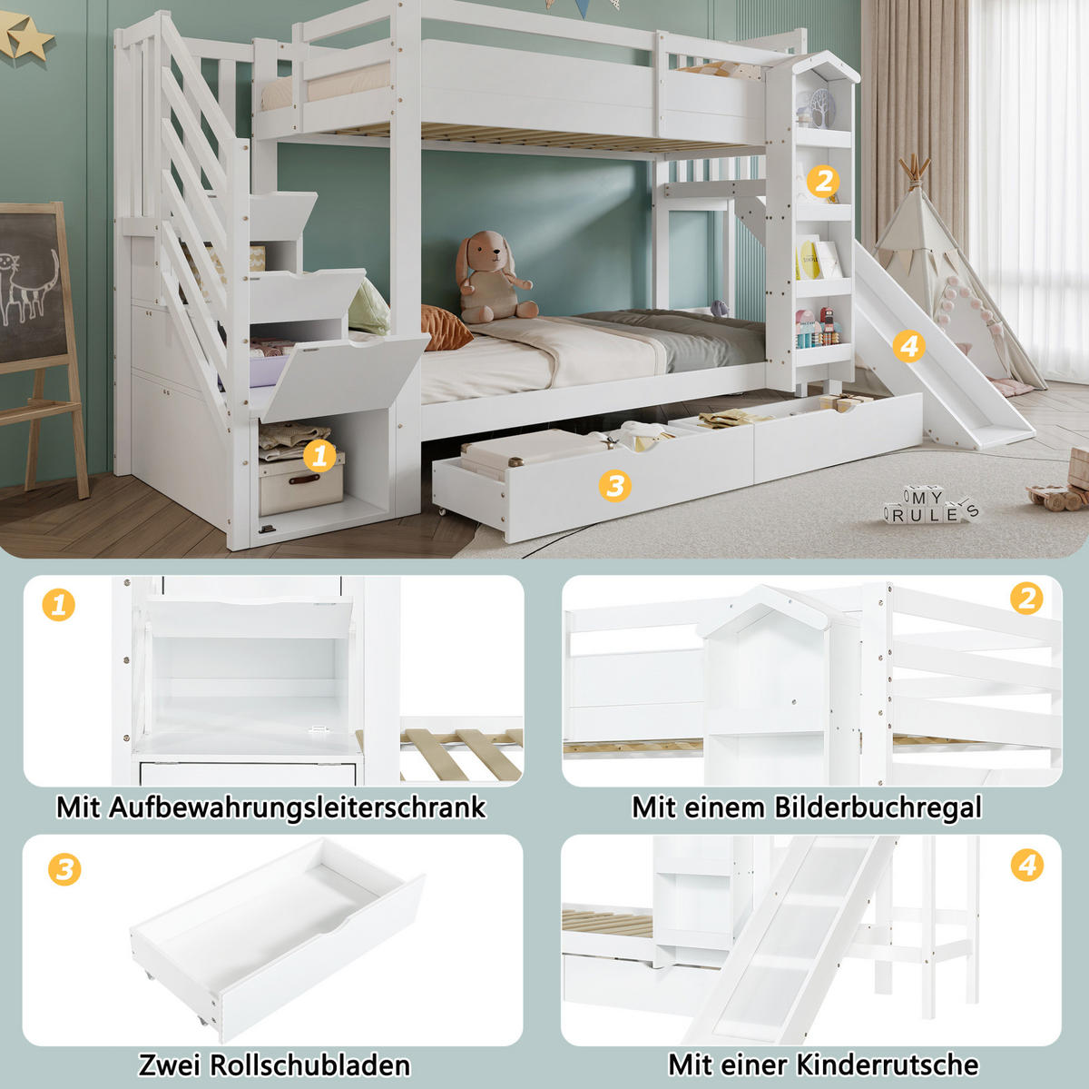 ETAGENBETT 90/200 cm in Weiß mit Rutsche und Treppenregal - Weiß, Holz - BEAOK