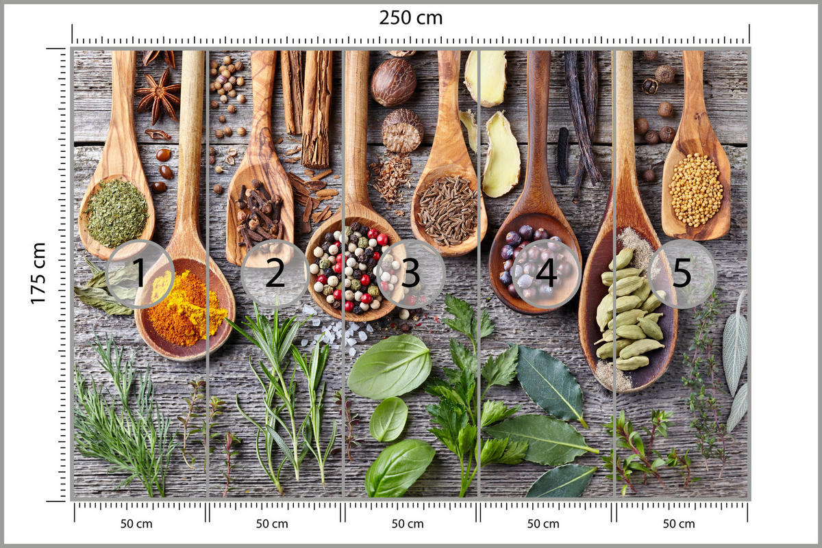 FOTOTAPETA Pre Kuchyňu Bylinky Korenie Drevená Lyžica Stôl 250 x 175 cm - oranžová/hnedá, papier (250/175cm) - Muralo