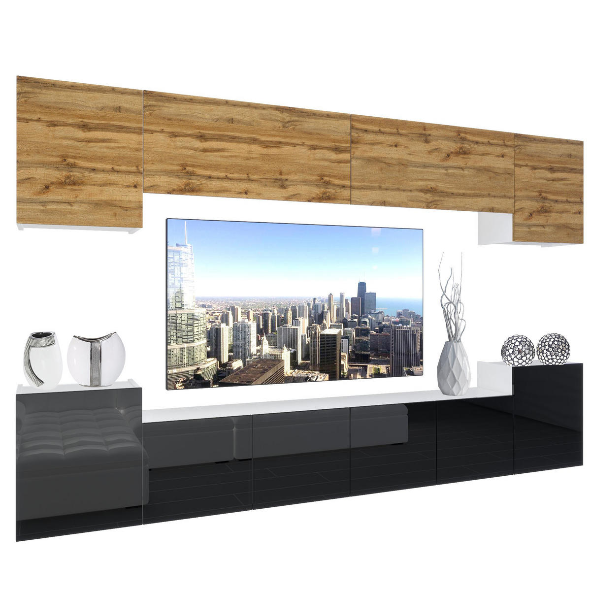 WOHNZIMMERWAND Schrankwand mit LED Wotan Eiche Top / Schwarz - Eiche Wotan/Schwarz, Holz (300/180/36cm) - B BELINI GROUP