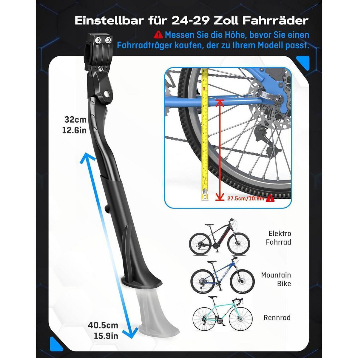 FAHRRADSTÄNDER höhenverstellbar mit gepunkteten Gummifüßen - Schwarz, Metall (1/1/40.5cm)