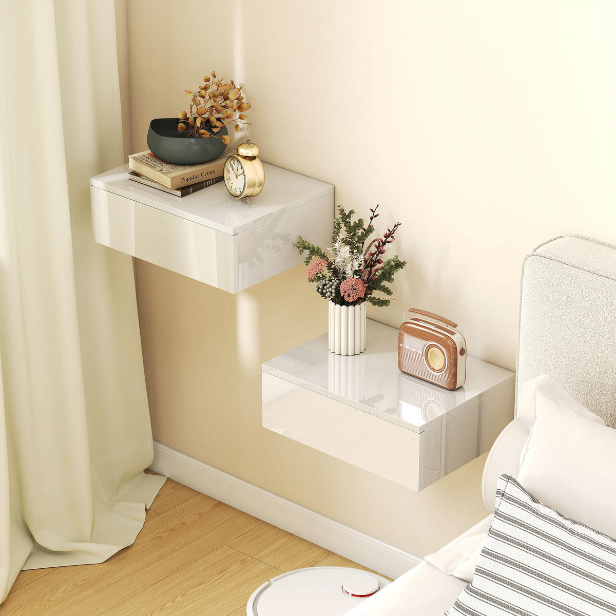 NACHTTISCH hängend 2er Set, schwebender Nachtschrank mit Schublade Nachtkästchen - Weiß, Holzwerkstoff (30/14/40cm) - HOMCOM