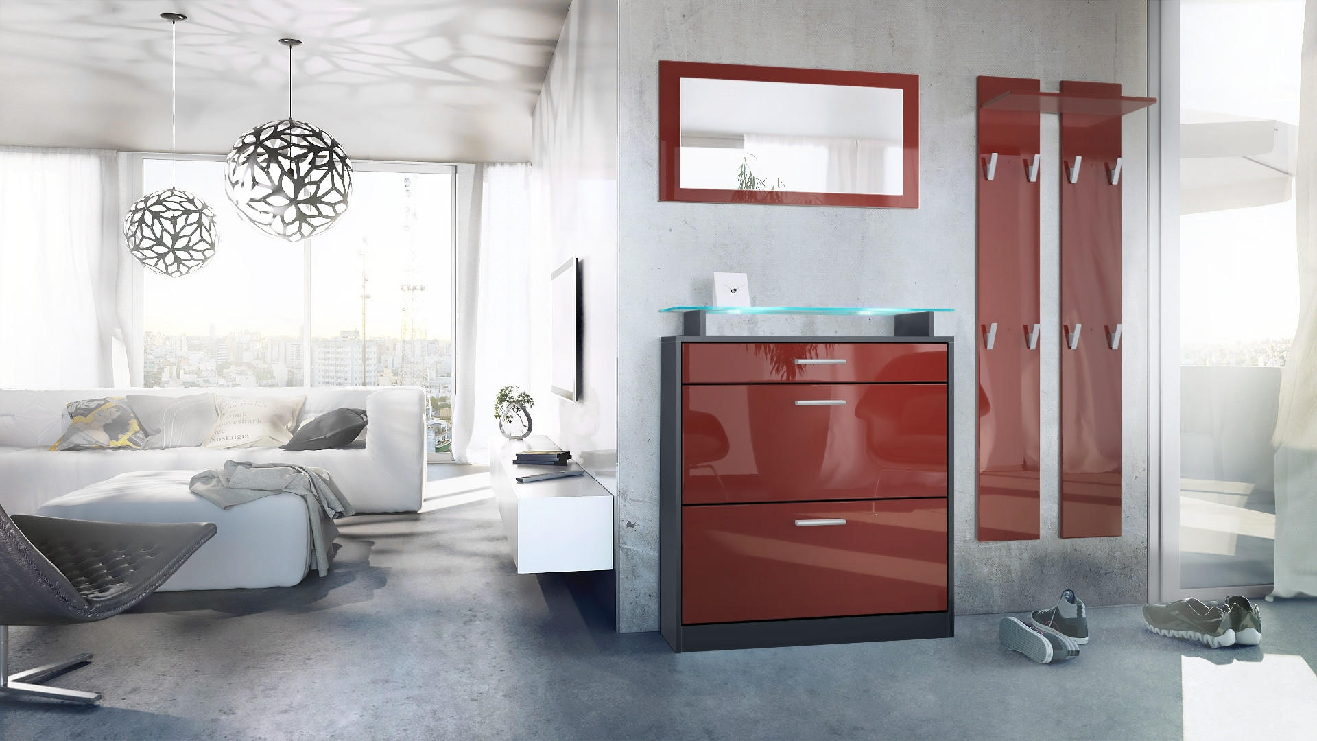 GARDEROBE Loret Front in Bordeaux Hochglanz - Bordeaux, Holzwerkstoff (180/200/23cm) - Vladon