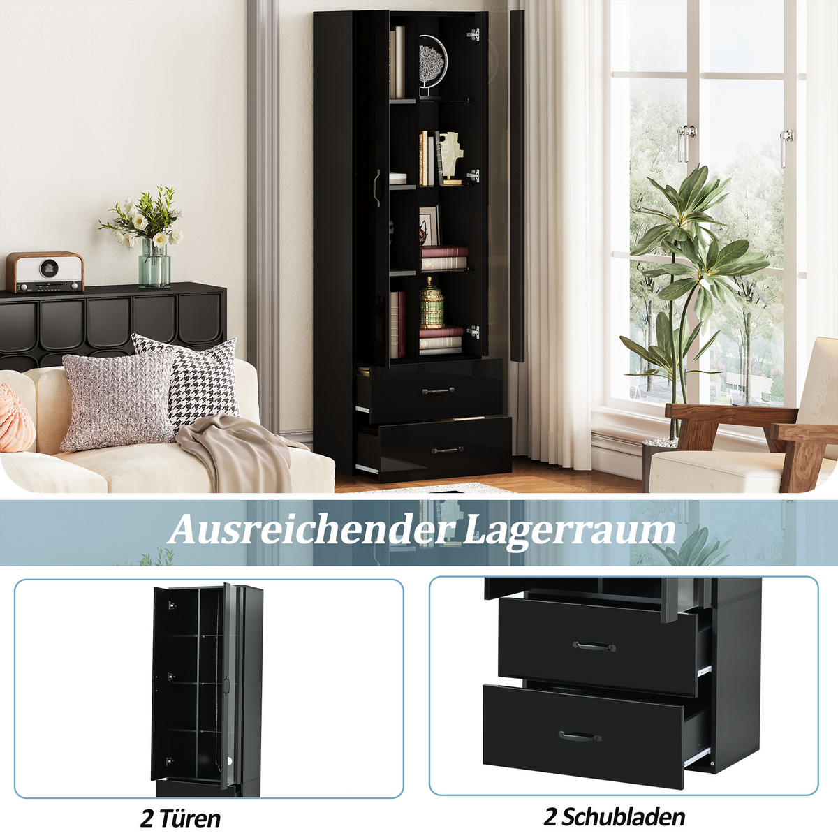 VITRINE LED 2 Türen Standvitrine Glas Schwarz - Schwarz, Holzwerkstoff (59.5/182/35cm) - FLIEKS