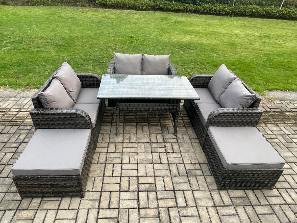 GARTENGARNITUR mit Zweisitzer,2 Hockern Polyrattan Dunkelgrau 8-Sitzer - Dunkelgrau/Grau, Glas/Kunststoff - Fimous