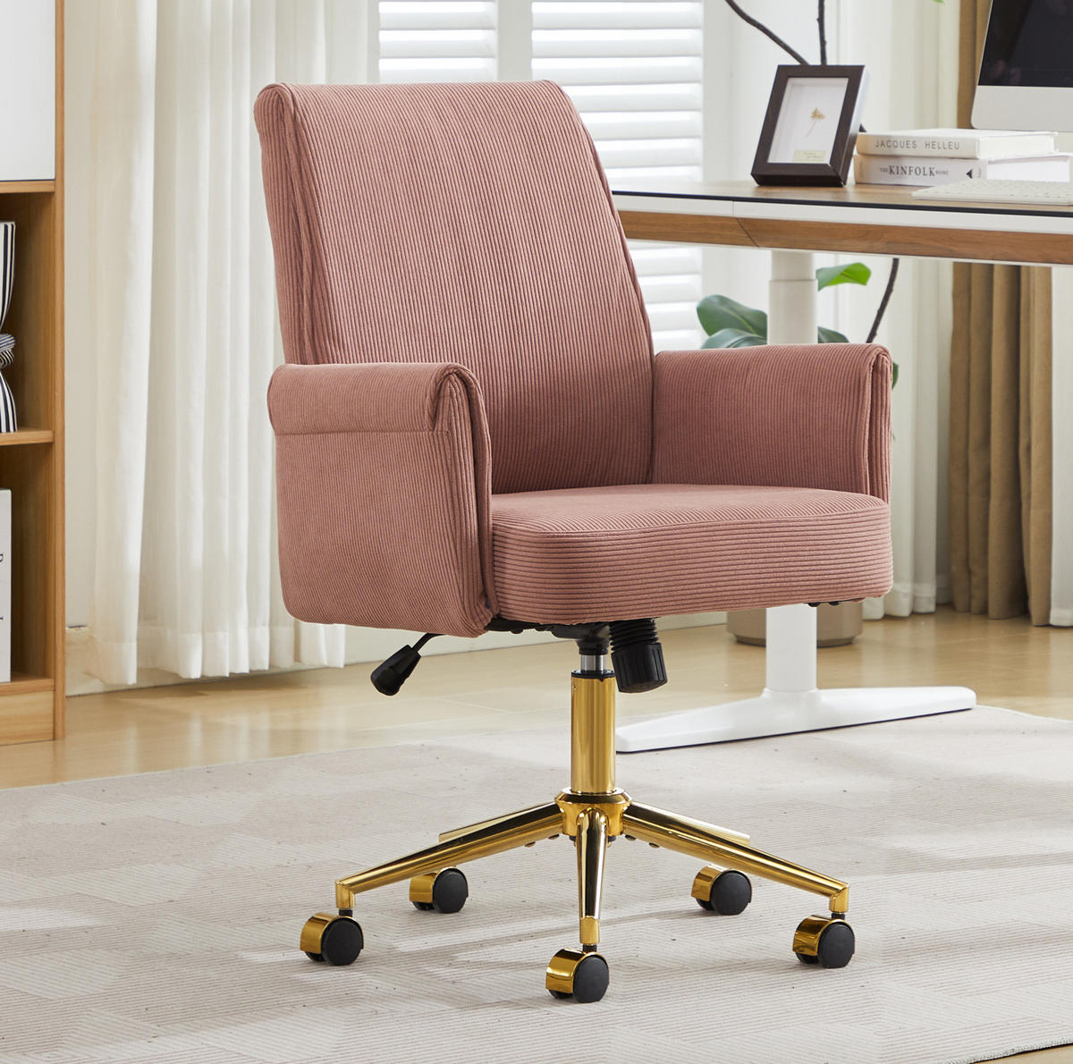 DREHSTUHL 64/61/107 cm Pink aus Cord mit ergonomischer Rückenlehne und goldfarbenem Gestell - Pink, Textil (61/107/64cm) - OKWISH