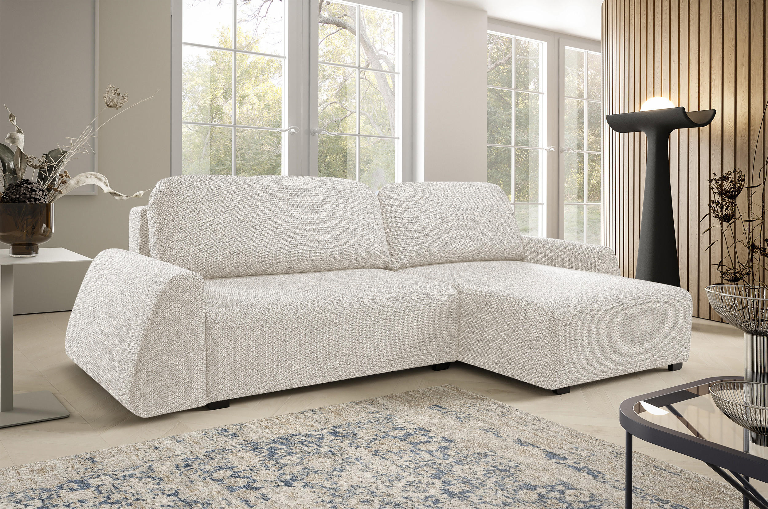 ECKSOFA ALMI mit Schlaffunktion, Bettkasten, Wellenfedern, Komfortable Sitzpolsterung, Elegantes Design, Rechte, 160x275 cm, Weiß - Weiß, Holz/Textil (275/160cm) - DomoHome