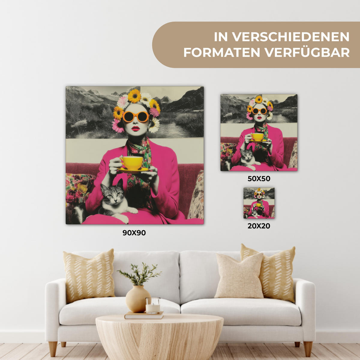 LEINWANDBILD Frau - Katze - Blumen - Tasse - Retro Wandbild Wohnzimmer 50x50 cm - Magenta, Textil (50/50cm) - MuchoWow