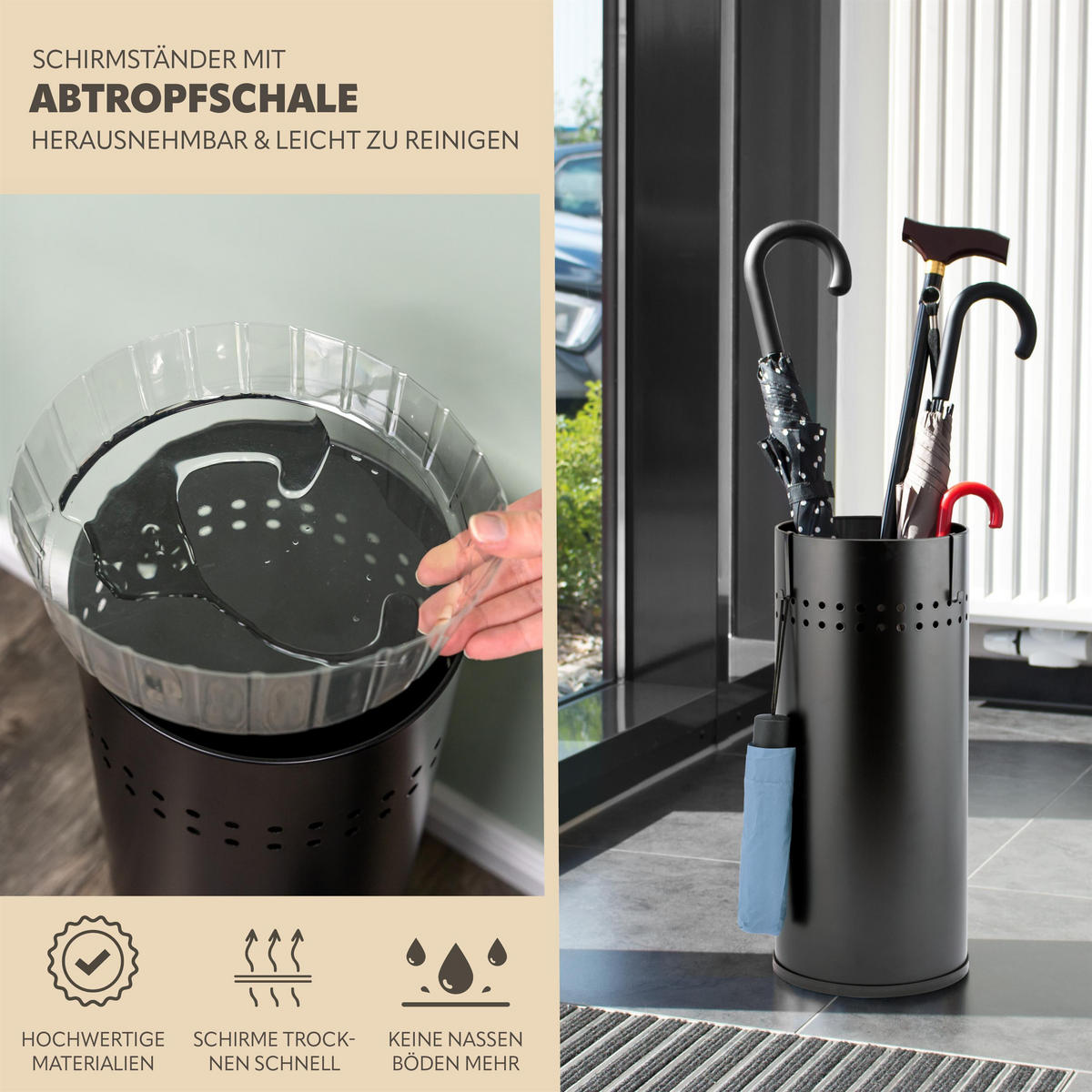 SCHIRMSTÄNDER, mit Abtropfschale, Metall, schwarz - Schwarz, Metall (22/51.5/22cm) - bremermann