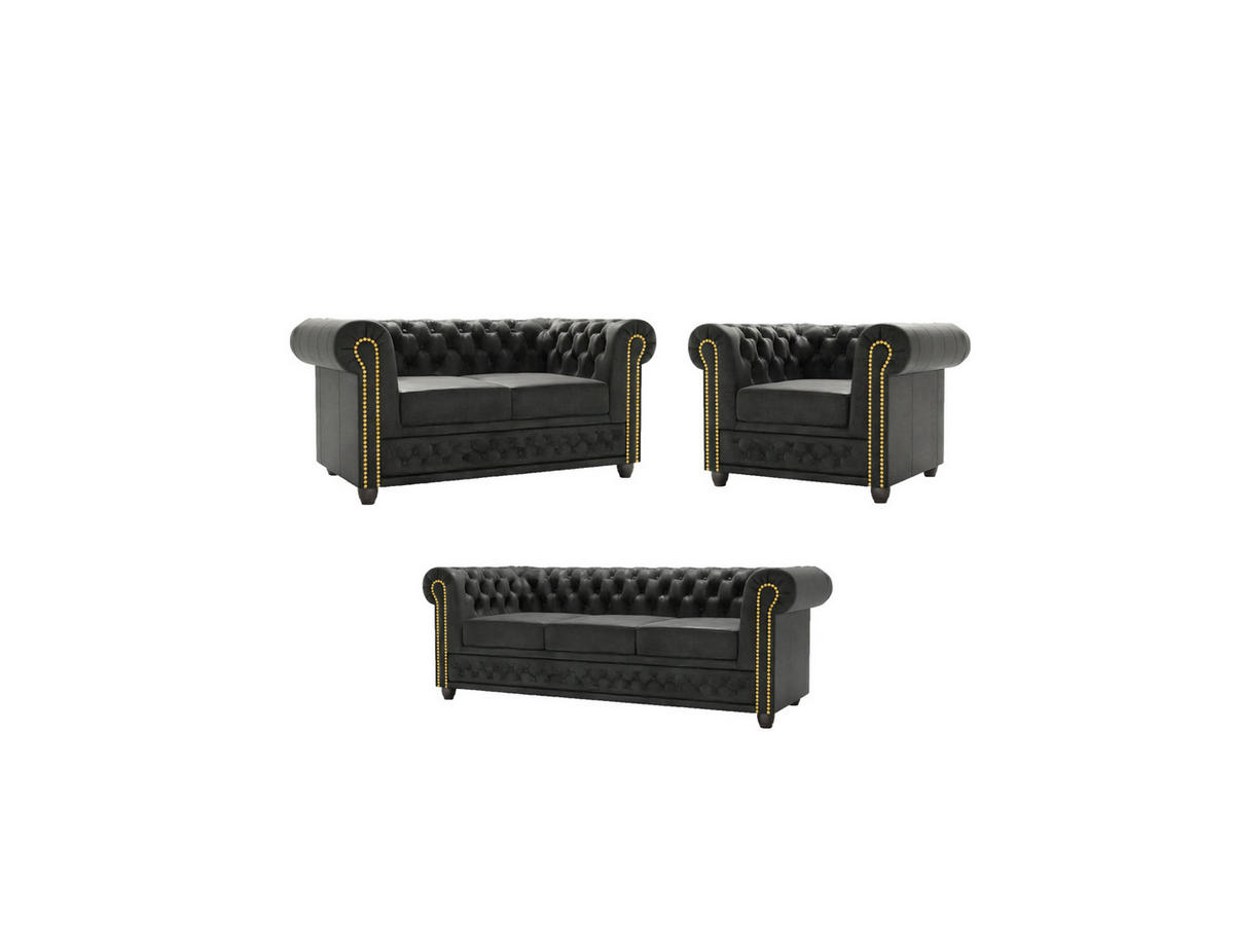 SITZGARNITUR 3+2+1 Chesterfield Flux Anthrazit Microfaser Vintageoptik - Anthrazit/Braun, Holz/Textil (203/72/86cm) - S-Style Möbel