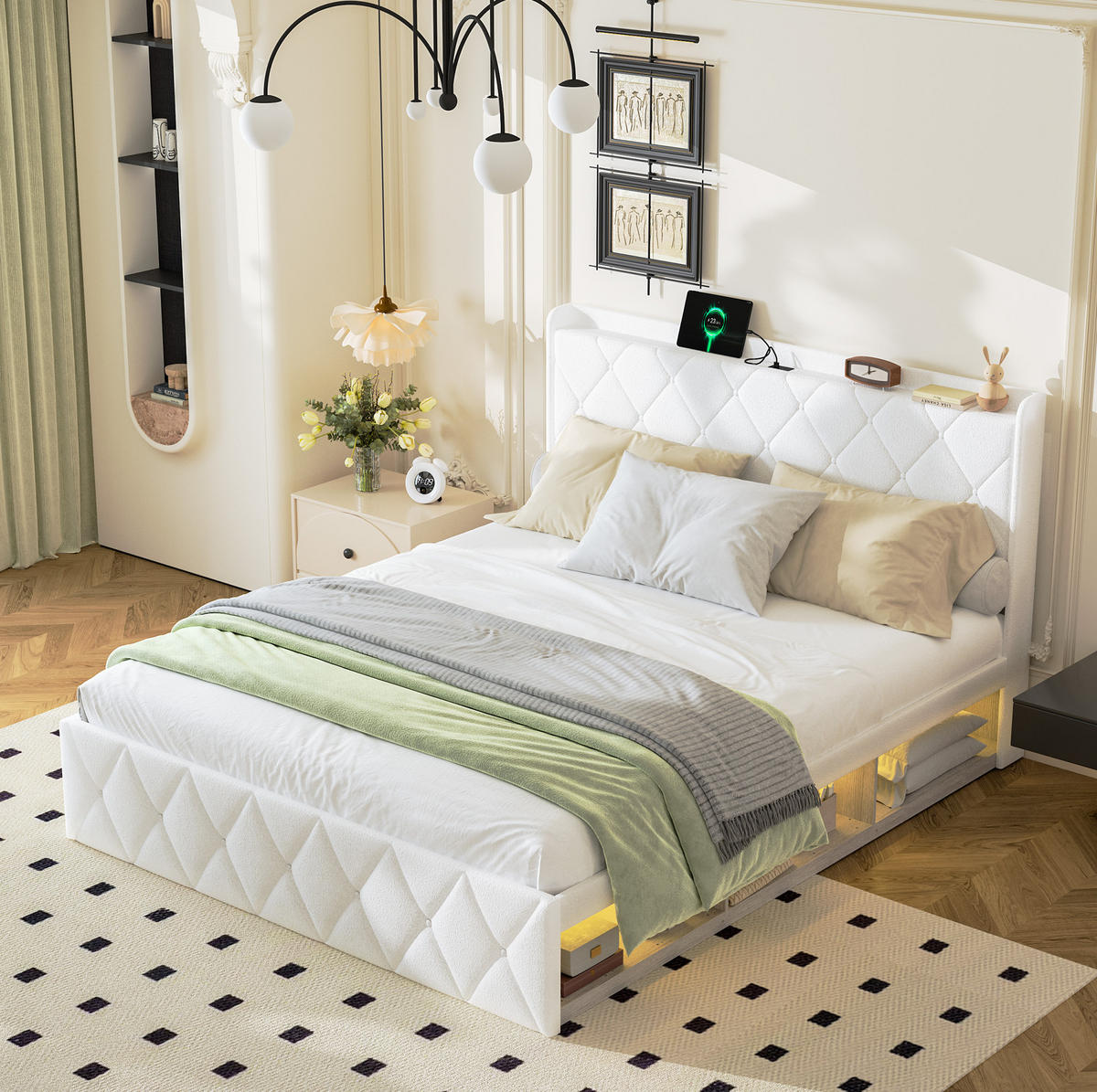 POLSTERBETT 160/200 cm mit USB-Anschluss, LED-Beleuchtung und Stauraum, Weiß - Weiß, Textil (160/200cm) - Redom