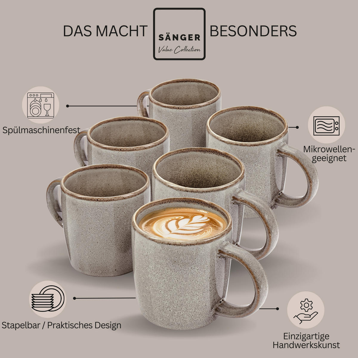 KAFFEEBECHER SET KAIRO GRAPHIT - 6 teilig aus Steingut - Braun, Keramik (0.4L) - Sänger