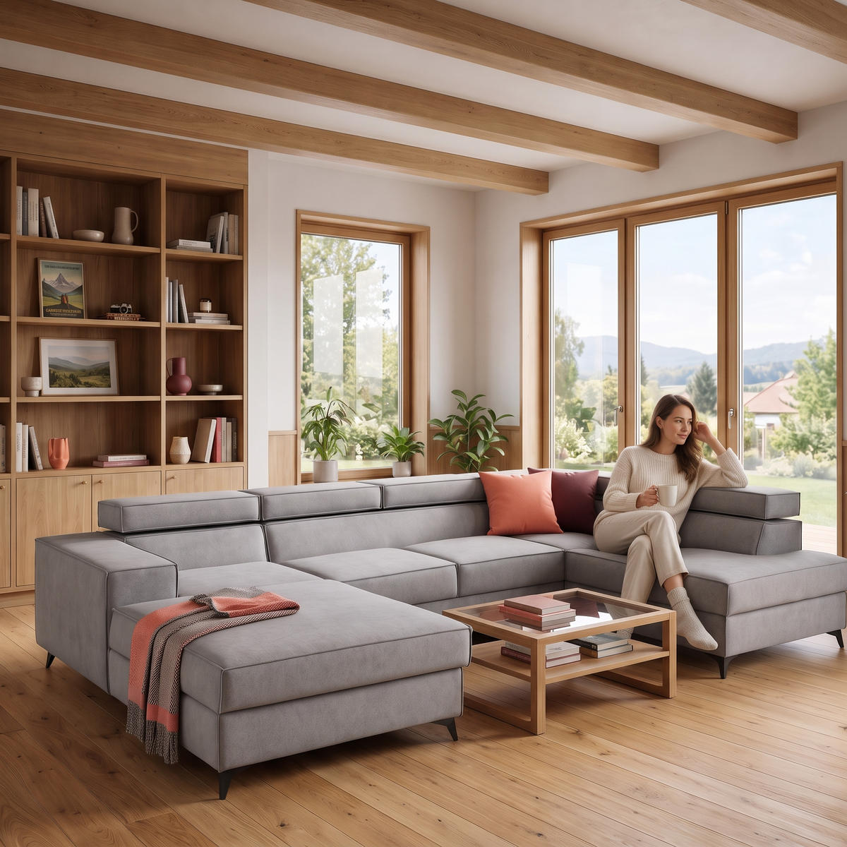 ECKSOFA PURE U Rechts mit Schlaffunktion 127x270 Velours Hellgrau - Hellgrau/Schwarz, Holz/Textil (204/340cm) - Muffo