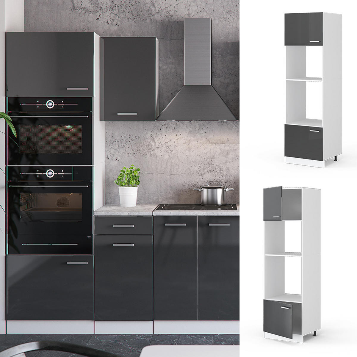 MIKROWELLENSCHRANK R-Line Anthrazit Hochglanz 60 cm - Schwarz Hochglanz/Anthrazit, Holzwerkstoff (60/206.8/57.2cm) - Vicco