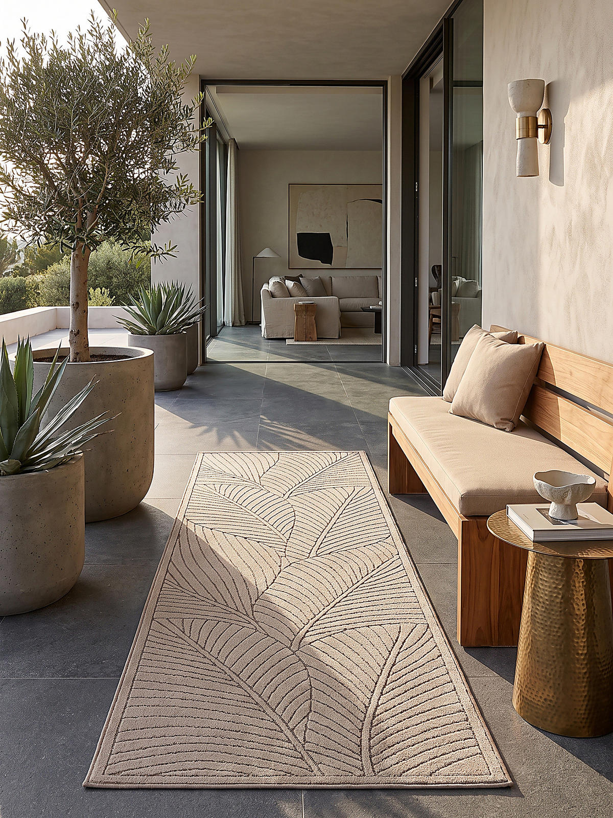 LÄUFER Outdoor, Fußbodenheizung-geeignet, mit Blattmotiv, ENGADIN in Beige, 80 x 250 cm - Beige, Textil (80/250cm) - KADIMA DESIGN