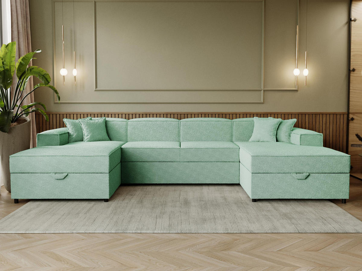 WOHNLANDSCHAFT Santos U Boucle - Schwarz/Mintgrün, Holzwerkstoff/Kunststoff (320/79/166cm) - MIRJAN24
