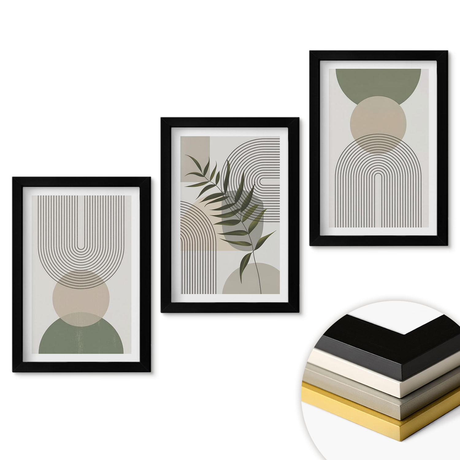 WANDBILDER 3er-Set - 20x30 cm Schwarzer Rahmen - Abstrakte Formen mit Grün - Schwarz, Kunststoff (20/30cm) - ArtPrintCave