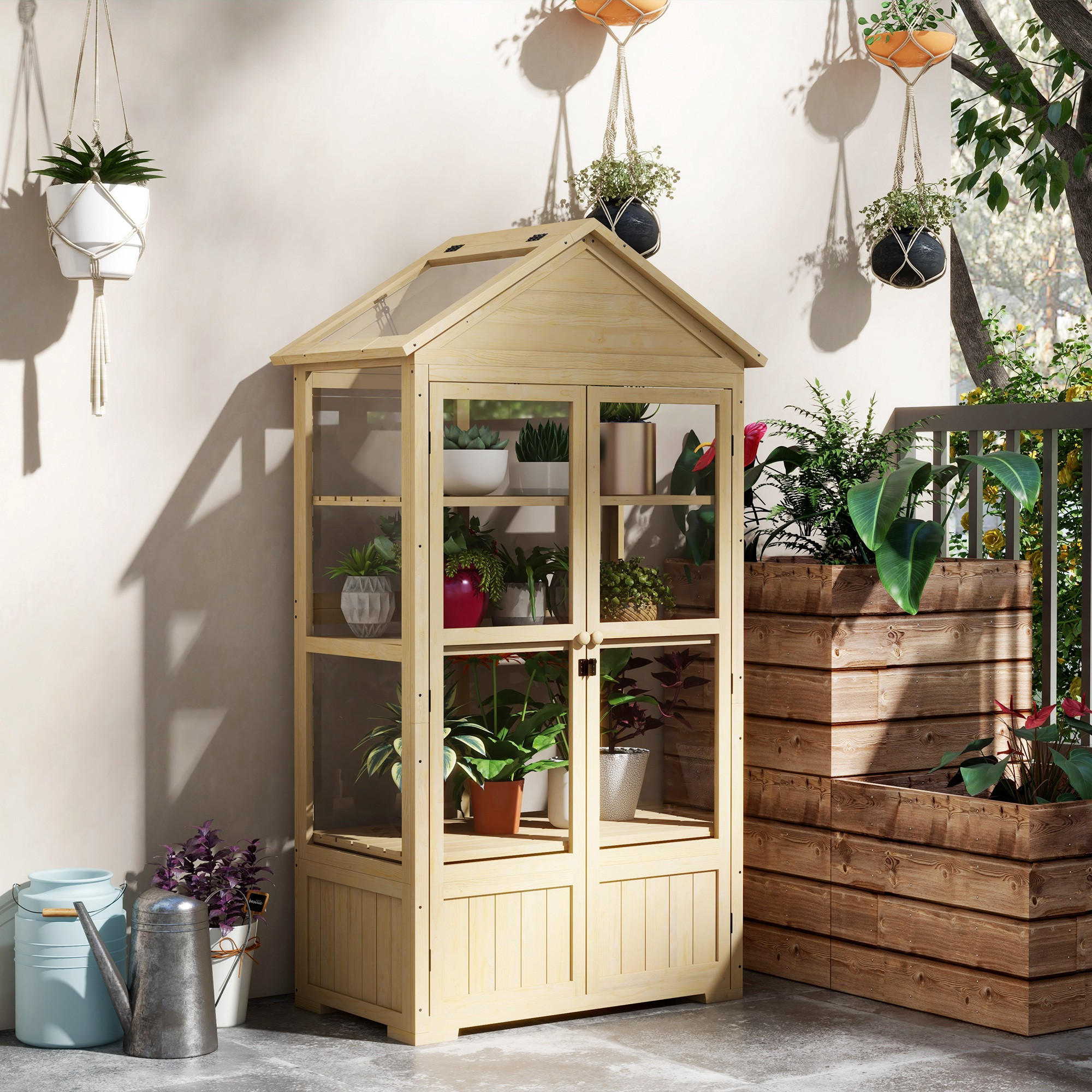 FRÜHBEET aus Holz Abschließbar Gewächshaus Dachfenster, für Garten, Balkon, Natur - Fichtefarben, Holz/Kunststoff (56.5/178/100cm) - Outsunny